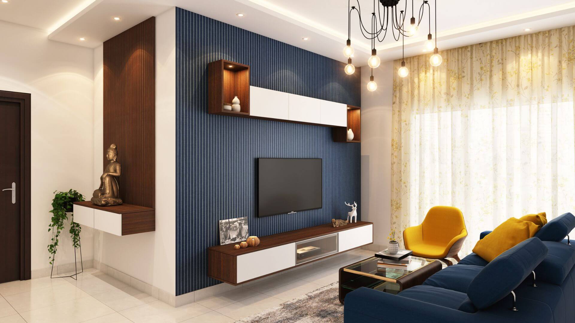 living room with navy blue accent wall